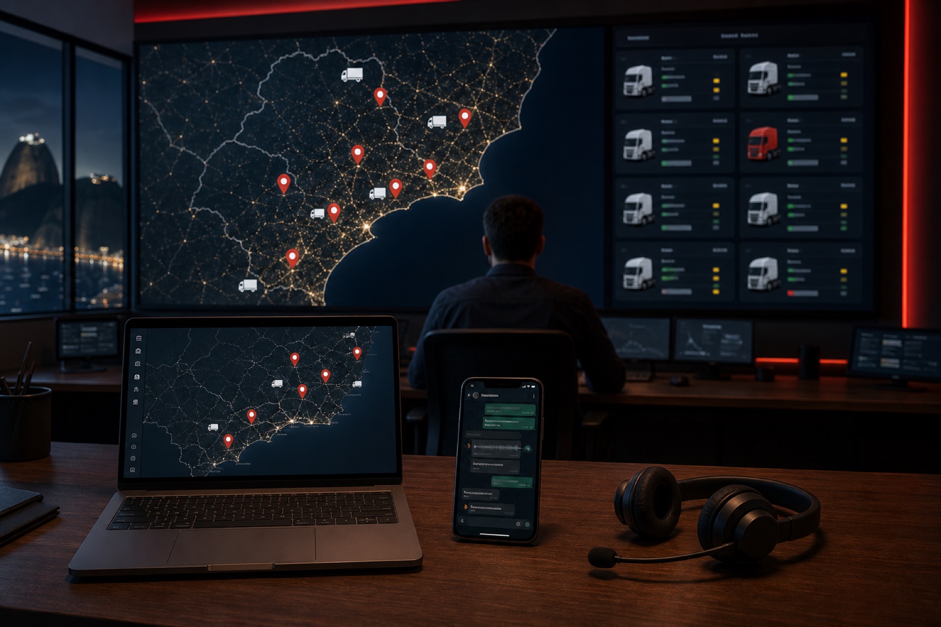 Central de monitoramento com mapa da frota e atendimento