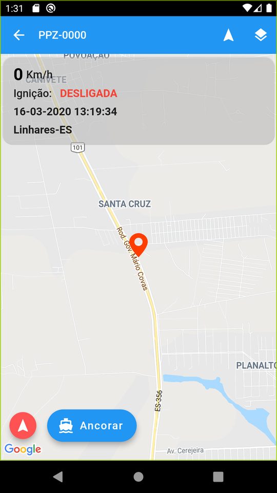 Mapa do veículo no app Rastreamos, com ignição, velocidade e posição.
